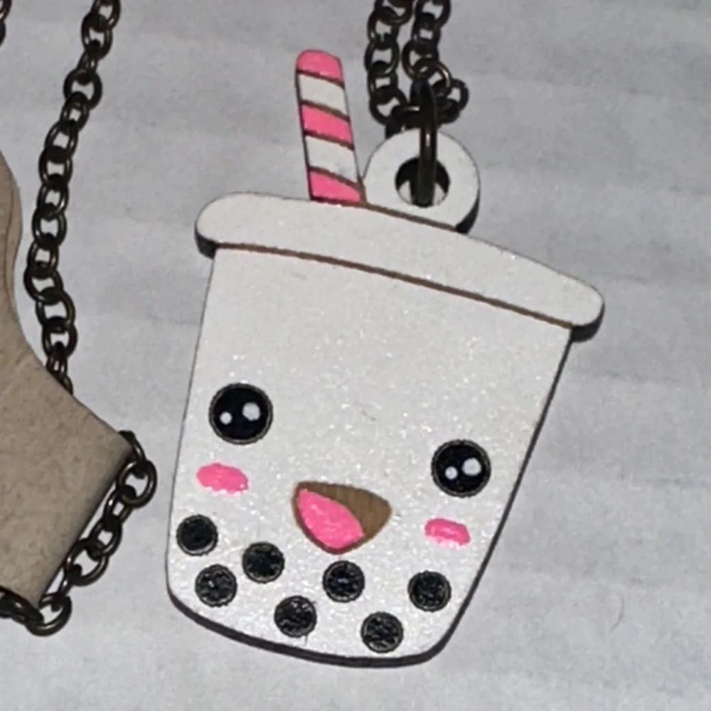 Boba Tea Necklace - White and Pink Hand cut wood